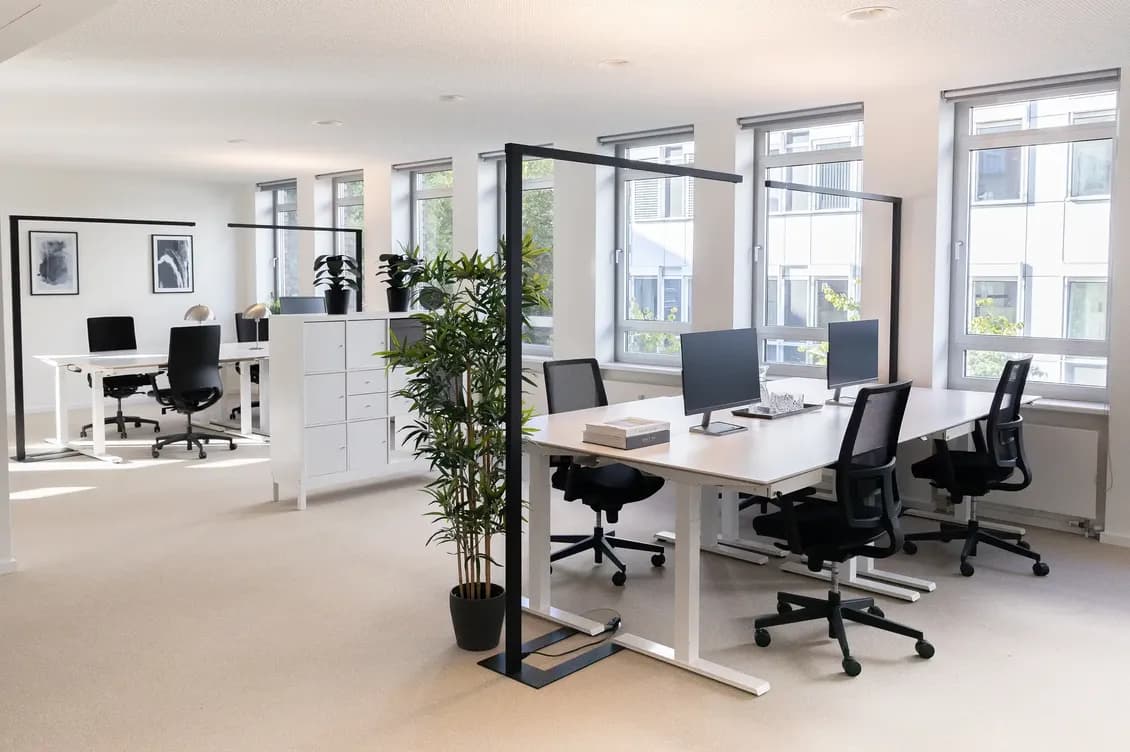 Modern office space with desks, chairs, computers, and potted plants. Large windows allow natural light to fill the room.