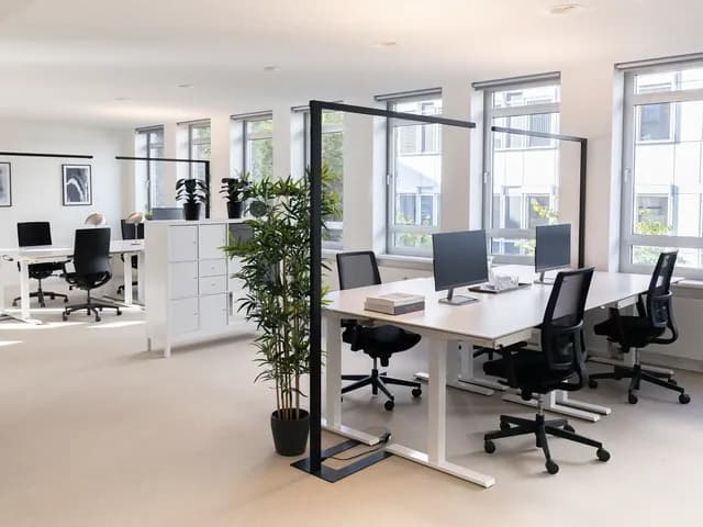 Modern office space with desks, chairs, computers, and potted plants. Large windows allow natural light to fill the room.